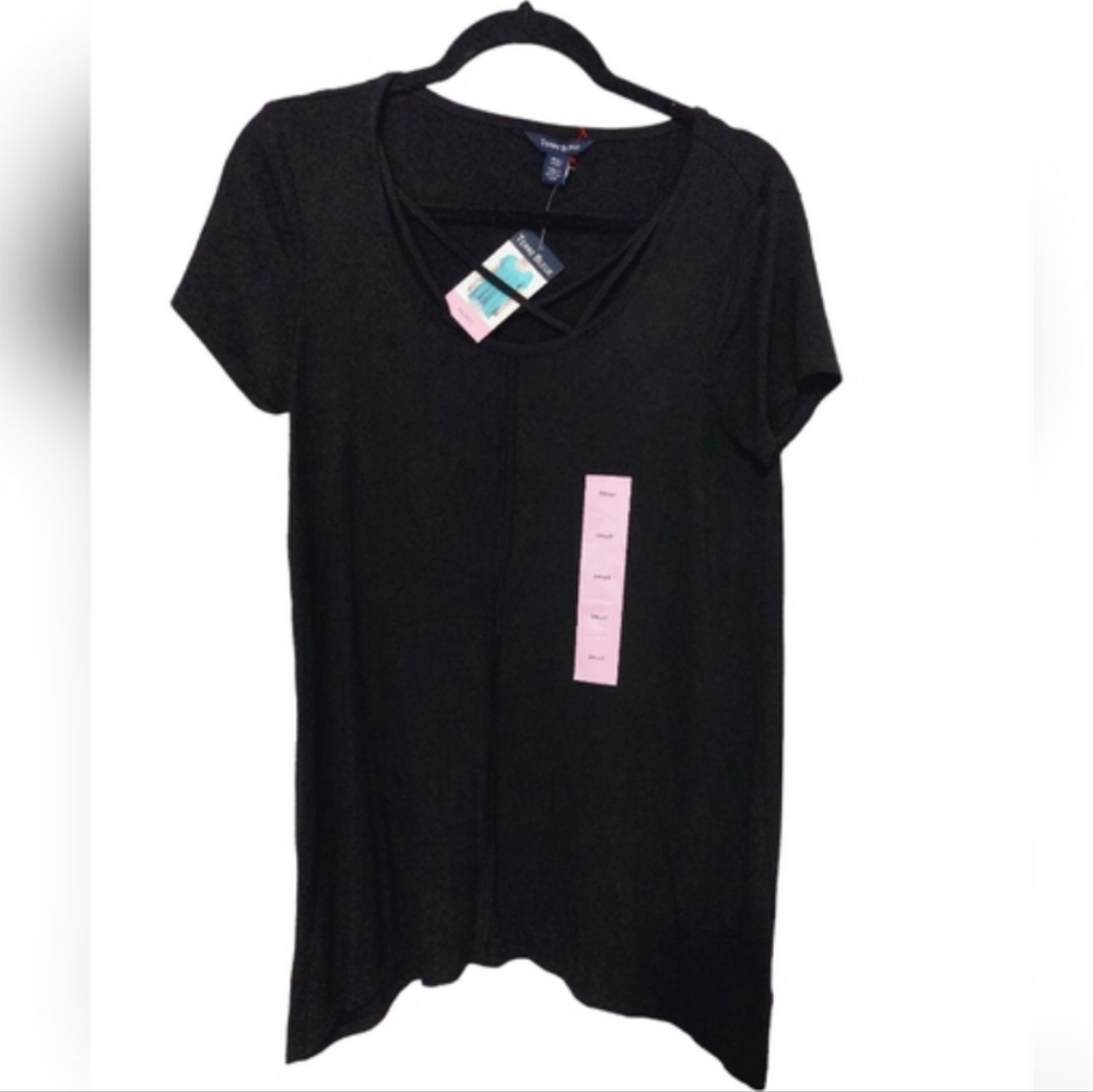 Terre Bleue Black Lattice Strap Neck Sz Small Womans Tshirt Blouse Assymetric